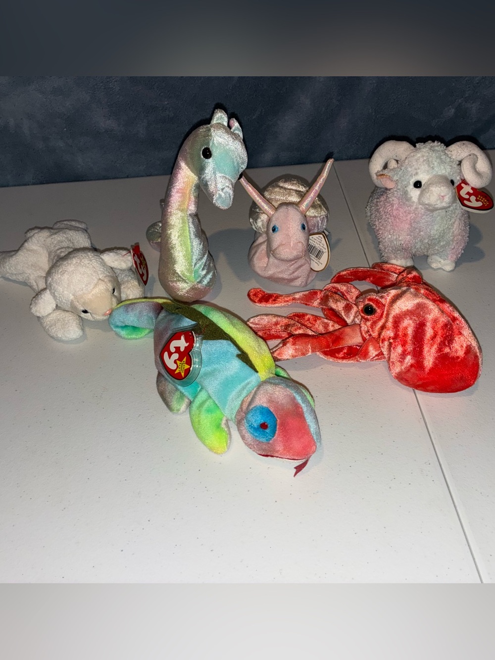 Lot of 6 Vintage Ty Beanie Babies  – Wiggly, Iggy, Bam, Swirly, Neon & Fleece